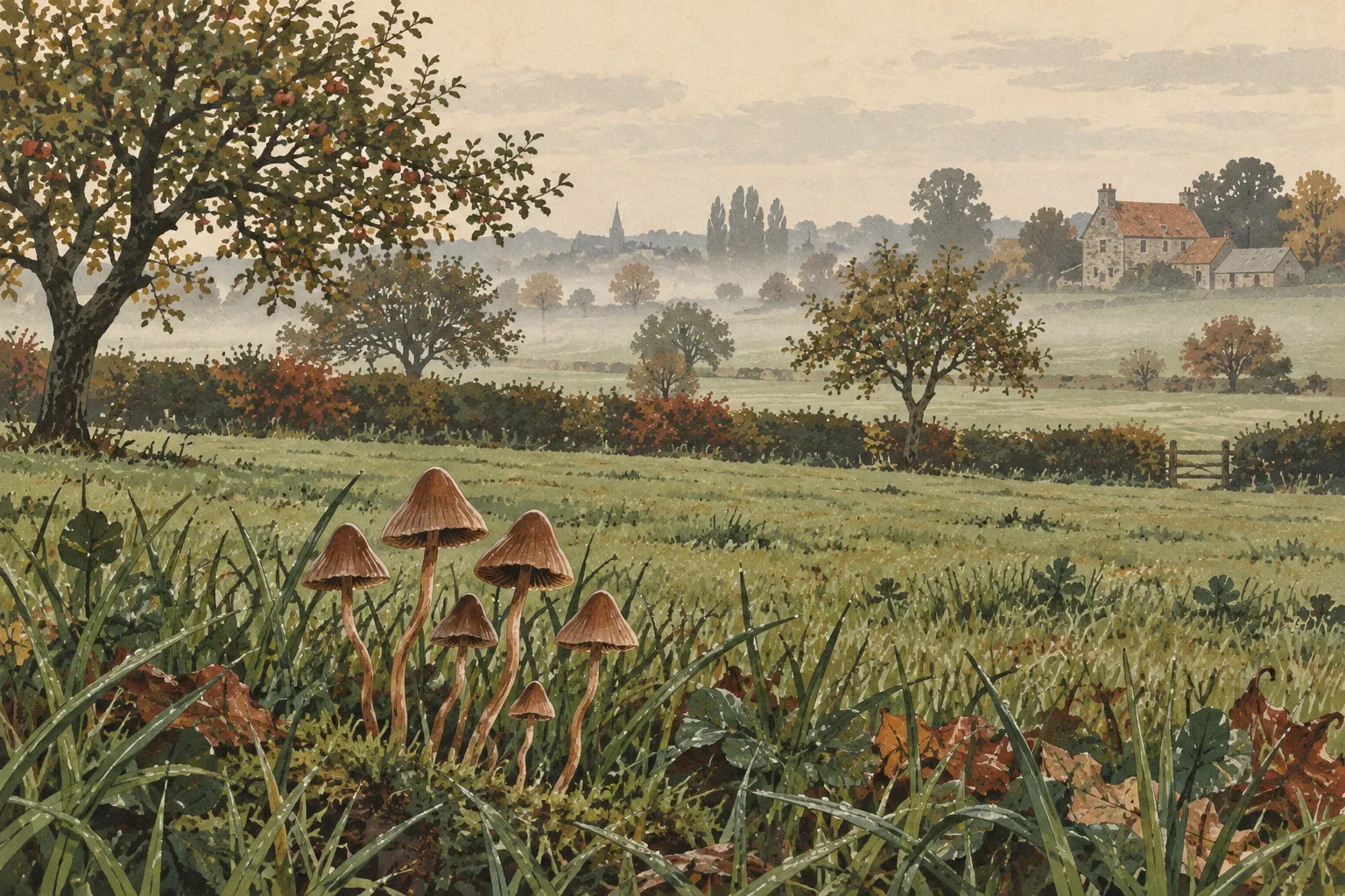Illustration d'une pâture normande à l'automne, brume sur les haies et les pommiers, et au premier plan quelques petits champignons bruns à chapeau conique dans l'herbe.